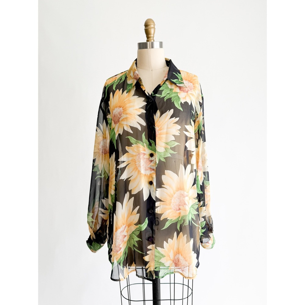 Liz Claiborne Lizsport Sunflower Sheer Blouse L Navy Yellow 90s Vintage Floral